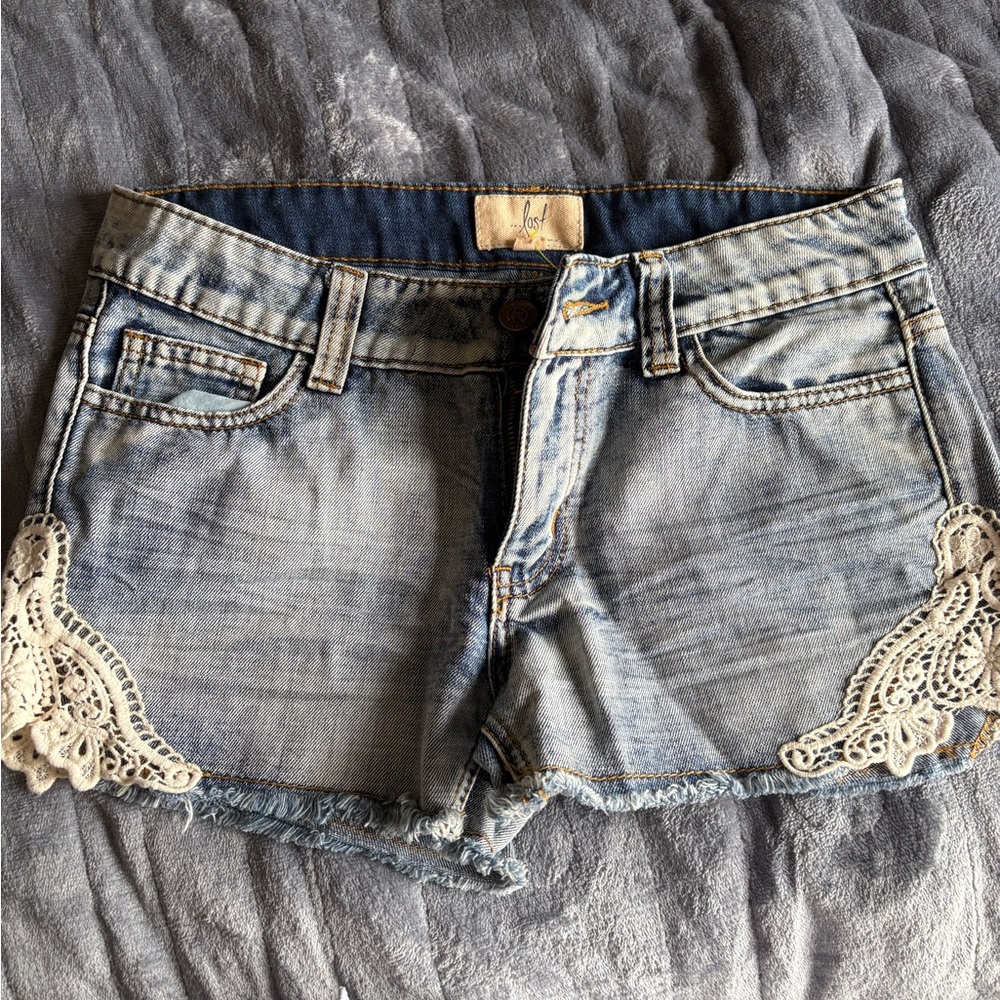Lost Light Blue Jean Shorts with Lace Trim